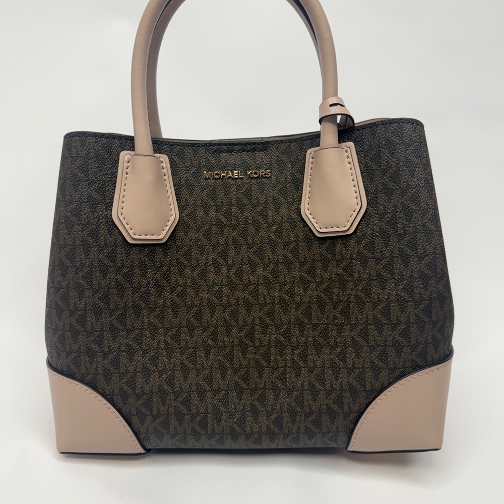 Michael Kors Brown Logo Satchel with Blush Accents